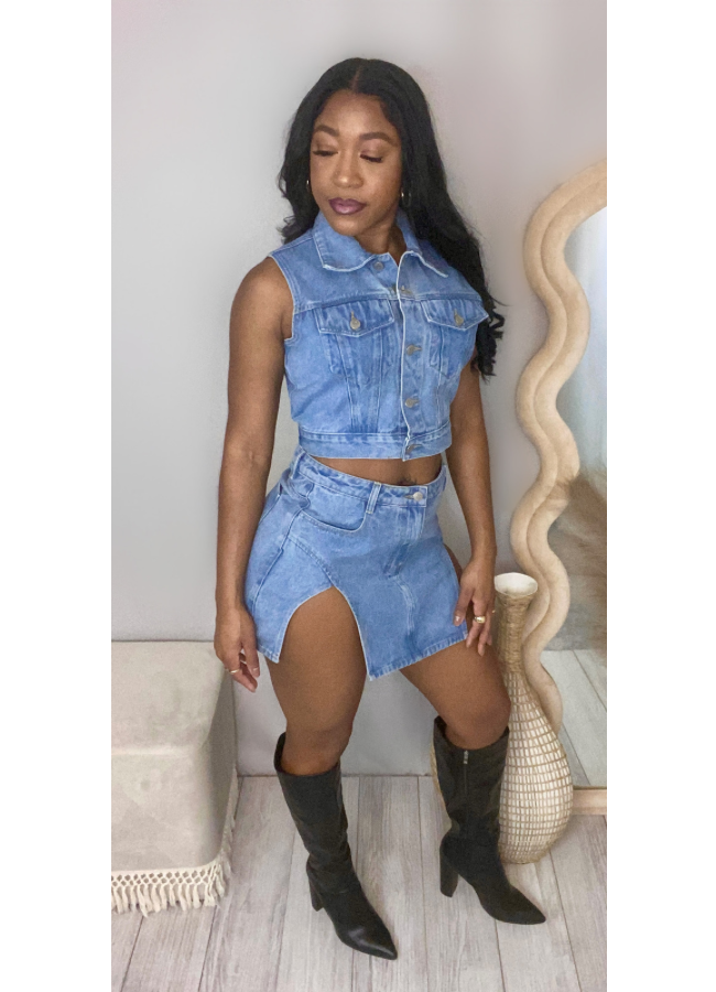 Denim vest skirt set