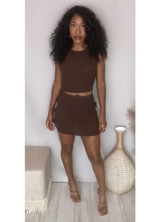 Espresso knit ribbed skirt set