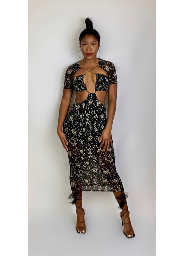 Black abstract print cut out dress