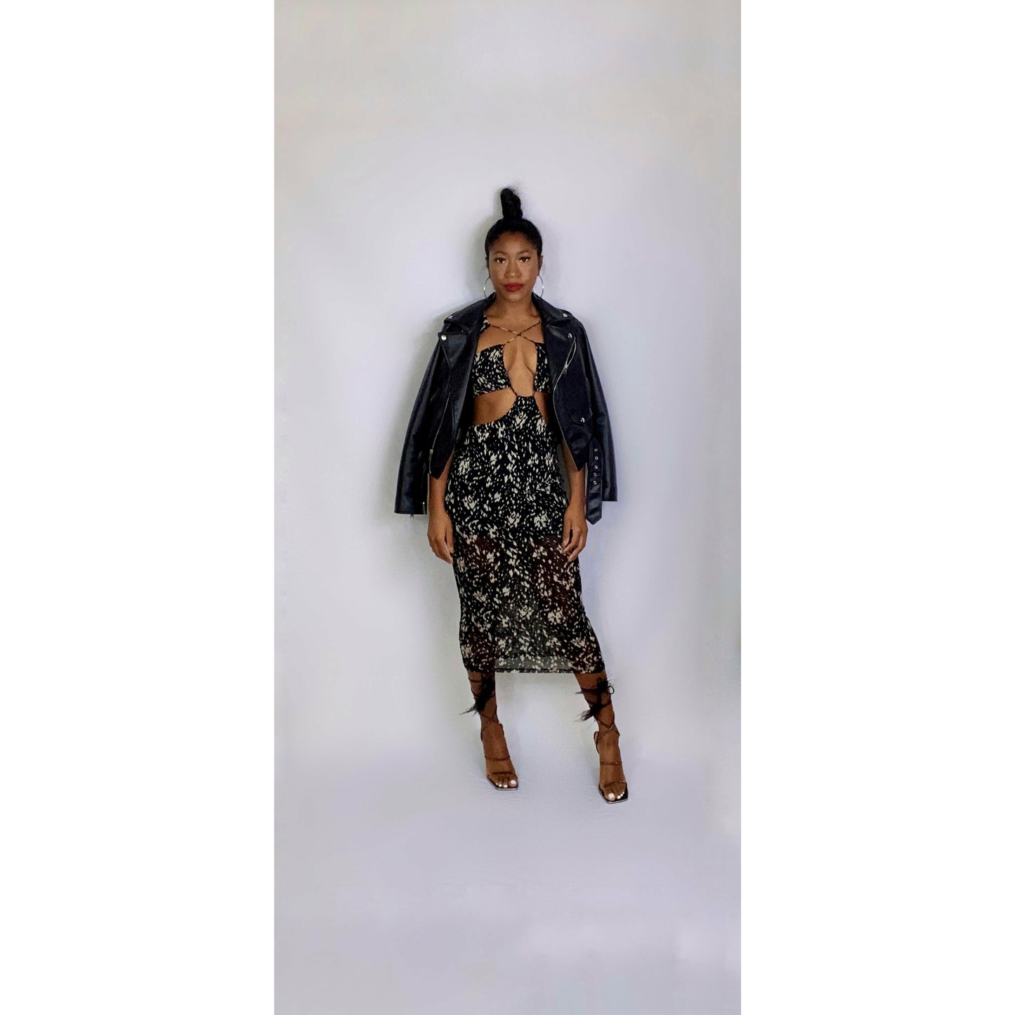 Black abstract print cut out dress